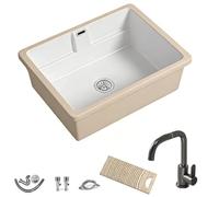 Lavabo de baño con tabla de lavar de madera extraíble, Lavabo de cerámica bajo encimera con Grifo, Válvula Angular y Desagüe, para Aseos y Balcones(600mm/23.6in)