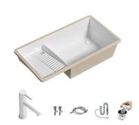 Lavabo de Baño con Tabla de Lavar, Drenaje Compartimentado, Fregadero, de Cerámica Blanca, Incluye Grifo y Conjunto de Desagüe, para Balcones y Baños(White,800 * 420 * 220mm)
