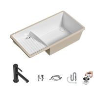 Lavabo de Baño con Tabla de Lavar, Drenaje Compartimentado, Fregadero, de Cerámica Blanca, Incluye Grifo y Conjunto de Desagüe, para Balcones y Baños(Black,440 * 350 * 165mm)