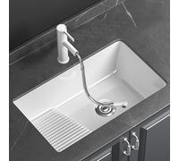 Lavabo de Baño con Tabla de Lavar, Fregadero de Cerámica con Kit de Desagüe y Grifo Extraíble, para Baño o Lavadero(600mm/23.6in)