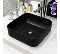 Lavabo de Baño Cuadrado, Cerámica Esmaltada Negro, Diseño Moderno para Baño y Aseo, Fácil de Limpiar, Montaje sobre Encimera, 38x38x13.5 cm