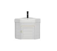 Lavabo de baño de esquina, tocador flotante con gabinete, combo de montaje en pared con grifo y drenaje, diseño compacto para espacios pequeños