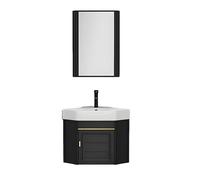 Lavabo de baño de esquina, tocador flotante con gabinete, combo de montaje en pared con grifo y drenaje, diseño compacto para espacios pequeños