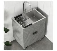 Lavabo de baño de madera maciza gris de 80 cm con cesta extraíble, fregadero de acero inoxidable, desbordamiento de alta posición, diseño de flujo X, patas ajustables, trampa sin olor (19.7 x 15.7 x