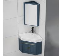 Lavabo de baño esquinero montado en la pared y armario de tocador para espacios pequeños, solución combinada que ahorra espacio para una nización eficiente del baño