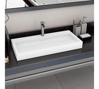 Lavabo de Baño, Fundición Mineral/Mármol Blanco, Diseño Moderno para Pared o Encimera, Fácil Instalación y Limpieza, con Orificios para Grifería, 100x46x11 cm
