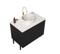 Lavabo de baño independiente, encimera de piedra sinterizada de Carrara, armario bajo a rayas, puertas dobles de cierre suave, lavabo de cerámica redondo blanco con patrón de piedra, 76 cm