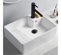 Lavabo de baño, lavabo de cerámica, fácil de instalar, sobre encimera, resistente a arañazos, con tabla de lavar para apartamento, hotel, casa, balcón (blanco, 49,5 x 37 x 15,5)