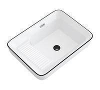 Lavabo de baño, lavabo de encimera de cerámica blanca, lavabo de cerámica de 22" × 16.5" con combinación de tabla de lavar y desagüe emergente, rectangular