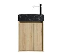 Lavabo de baño para montaje en pared, lavabo integrado de mármol natural, armario de madera contrachapada premontado, puerta de madera maciza, bisagras de cierre suave, ahorra espacio para inodoro de