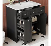 Lavabo de baño, superficie lacada independiente, 76 x 47 x 86 cm, lavabo de cerámica a prueba de fugas, cajones de 8 piezas, extractores silenciosos, bisagras con función de cierre suave, color negro.