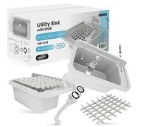 Lavabo de Cámara | Fregadero Industrial 60 x 34 x 21 cm Blanco con Estante y Parrilla 36 x 30 cm Profunda Lavadero Exterior Comercial Lavamanos Jardín Garaje Lavandería Baños Fábrica