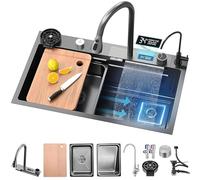 Lavabo de cascada de 80 x 45 cm con pantalla de visualización digital, fregadero de montaje superior, fregadero de cocina de acero inoxidable, multifuncional, para la barra de la casa, con juego
