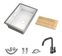Lavabo de cerámica bajo encimera, lavabo empotrado para balcón con grifo,lavabo de cerámica de baño con tabla de lavar de madera extraíble(695mm/27.4in)