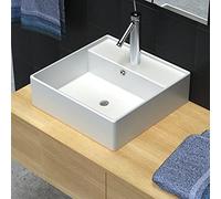 Lavabo de Cerámica Blanco con Rebosadero, Diseño Ovalado Moderno para Baño, Lavadero o Tocador, Orificio para Grifo y Desagüe, Fácil de Limpiar, 41x41x15 cm