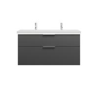 lavabo de cerámica burgbad Eqio con 2 agujeros para grifería, incluye mueble bajo para lavabo con iluminación LED, ancho 1230mm, SEZB123F6584C0001G0146, Color: Gris oscuro mate / Gris oscuro mate, tir