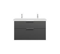 lavabo de cerámica burgbad Eqio con 2 agujeros para grifería, incluye mueble bajo para lavabo con iluminación LED, ancho 1030mm, SEZB103F6584C0001G0146, Color: Gris oscuro mate / Gris oscuro mate, tir