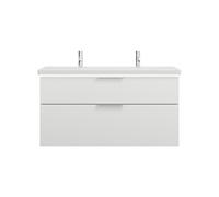 lavabo de cerámica burgbad Eqio con 2 agujeros para grifería, incluye mueble bajo para lavabo con iluminación LED, ancho 1230mm, SEZB123F6582C0001G0146, Color: Blanco mate / Blanco mate, mango cromado