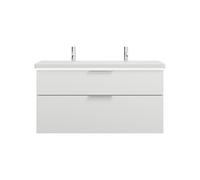 lavabo de cerámica burgbad Eqio con 2 agujeros para grifería, incluye mueble bajo para lavabo con iluminación LED, ancho 1230mm, SEZB123F2009C0001G0146, Color: Blanco brillo intenso / Blanco brillo in