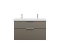 lavabo de cerámica burgbad Eqio con 2 agujeros para grifo, incluye mueble bajo para lavabo, ancho 1030mm, SEYR103F2010C0001G0146, Color: Gris alto brillo / Gris alto brillo, tirador cromado G0146