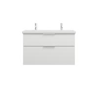 lavabo de cerámica burgbad Eqio con 2 agujeros para grifo, incluye mueble bajo para lavabo, anchura 1030mm, SEYR103F6582C0001G0146, Color: Blanco mate / Blanco mate, mango cromado G0146