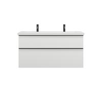 lavabo de cerámica burgbad Eqio con 2 agujeros para grifo, incluye mueble bajo para lavabo, anchura 1230mm, SEYR123F6582C0001G0252, Color: Blanco mate / Blanco mate, tirador negro mate G0252
