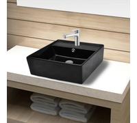 Lavabo de Cerámica Cuadrado Negro, con Orificio para Grifo y Rebosadero, Diseño Moderno para Baño o Lavadero, Fácil Limpieza, Montaje en Encimera o Pared, 410x410x150 mm