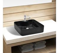 Lavabo de Cerámica Negro con Orificio Cuadrado para Grifería, Diseño Moderno para Baño y Aseo, Fácil Instalación sobre Encimera, Superficie Brillante, 480x370x135 mm