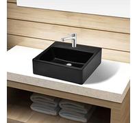 Lavabo de Cerámica Negro, Orificio para Grifería Cuadrado, Diseño Moderno para Baño y Aseo, Fácil de Limpiar, Acabado Brillante, Montaje en Encimera o Pared, 380x300x115 mm