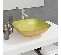 Lavabo de Cristal Dorado para Baño, Diseño Cuadrado Moderno, Instalación Sobre Encimera, Material Vidrio Templado Resistente, Ideal para Aseos y Tocadores, 42x42x14 cm