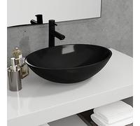 Lavabo de Cristal Negro para Baño, Vidrio Templado 1.2 cm de Grosor, Diseño Moderno Sobre Encimera, Apto para Aseo/Tocador/Cocina, Fácil Limpieza, 50x37x14 cm