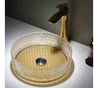 Lavabo De Cristal Para Baño, Lavabo De Cristal Transparente Con Forma De Diamante Lavabo Redondo Sobre Encimera Grifo No Incluido(Gold basin bottom,40x40x12cm)