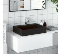Lavabo de Mármol Fundición Mineral, Diseño Negro Mate con Orificios para Grifo y Desagüe, Lavabo de Pared o Sobremueble para Baño y Aseo, 50x38x11 cm