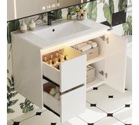 Lavabo de pared con sensor de radar LED, 76 x 47 x 57 cm, bisagras de cierre suave, totalmente pintado, diseño integrado para baños modernos
