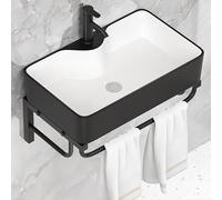 Lavabo de Pared con Toallero, Moderno Lavabo Baño de 60 x 40 cm, Mueble Lavabos Sobre Encimera, Lavabos Rectangular de Cerámica Blanca(Black)