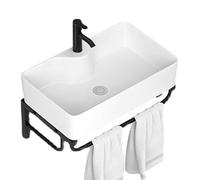 Lavabo de Pared con Toallero, Moderno Lavabo Baño de 60 x 40 cm, Mueble Lavabos Sobre Encimera, Lavabos Rectangular de Cerámica Blanca(White)