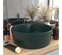 Lavabo de Sobremesa, Cerámica con Rebosadero, Diseño Redondo Moderno para Baño y Lavadero, Color Verde Oscuro Mate, Orificio para Grifo, Diámetro 36x13 cm
