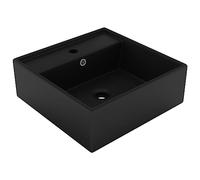 Lavabo de Sobremesa Cuadrado, Cerámica Negro Mate con Rebosadero, Diseño Moderno para Baño, Lavadero o Tocador, Orificios para Grifería y Desagüe, 41x41x15 cm