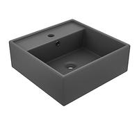 Lavabo de Sobremesa Cuadrado, Cerámica Premium con Rebosadero, Diseño Moderno Gris Oscuro Mate, para Baño, Lavadero o Tocador, Incluye Orificio para Grifería, 41x41x15 cm