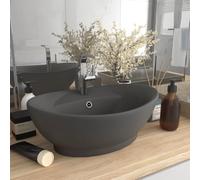 Lavabo de Sobremesa Ovalado, Cerámica Gris Oscuro Mate, Diseño Premium con Rebosadero, Orificio para Grifo, Ideal para Baño, Lavadero o Tocador, 58.5x39x21 cm