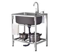 Lavabo de un Solo Tazón,Fregaderos de un seno,fregadero de pie libre Fregadero de cocina de acero inoxidable comercial,Con Agua Fria y Caliente Grifo, para Garaje, Jardín, Cocina, Lavadero(68*45cm)