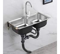 Lavabo doble de acero inoxidable montado en la pared con grifo de cuello de cisne, perfecto para cocina, lavandería, patio trasero y garaje, duradero y fácil de limpiar