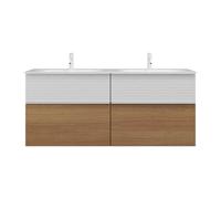 Lavabo doble de fundición mineral burgbad Fiumo que incluye mueble de lavabo, con frente plisado, ancho 1420mm, SGGS142F3960G0223, Color: Tectona decor canela / Tectona decor canela, mango blanco mate