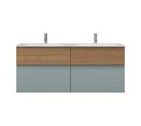 Lavabo doble de fundición mineral burgbad Fiumo que incluye mueble de lavabo, con frente plisado, ancho 1420mm, SGGS142F3957G0146, Color: Azul hielo mate suave / azul hielo mate suave, mango cromado G