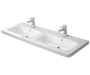 Lavabo doble DuraStyle 130x48 cm de Duravit con rebosadero, con banco para grifería, 2 agujeros para grifería, 2 lavabos, 23381300001, Color: Blanco con Wondergliss