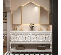 Lavabo doble independiente con textura de grano de madera y asas de metal