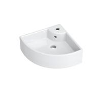 Lavabo esquinero pequeño de cerámica, 460 x 330 mm, blanco, pequeño lavabo para invitados y baños pequeños, montaje en pared o sobre encimera con orificio para grifo y rebosadero, diseño moderno de