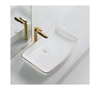Lavabo Fregadero moderno de cerámica con forma recipiente decoración, lavabos baño montaje superior dorado, cuenco rectangular for lavabo sobre encimera, color blanco Lavamanos(Medio)