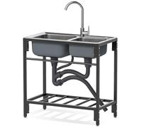 Lavabo independiente del tazón doble del acero inoxidable 304 del lavabo del acero inoxidable del servicio pesado con los estantes del grifo Anti óxido fácil de limpiar para el jardín de la cocina Cua