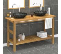 Lavabo Mangloder con lavabo de mármol negro de madera de teca maciza, 132 x 45 x 75 cm, mueble de baño con espacio de almacenamiento, toallero y dos lavabos para baño y aseo de invitados